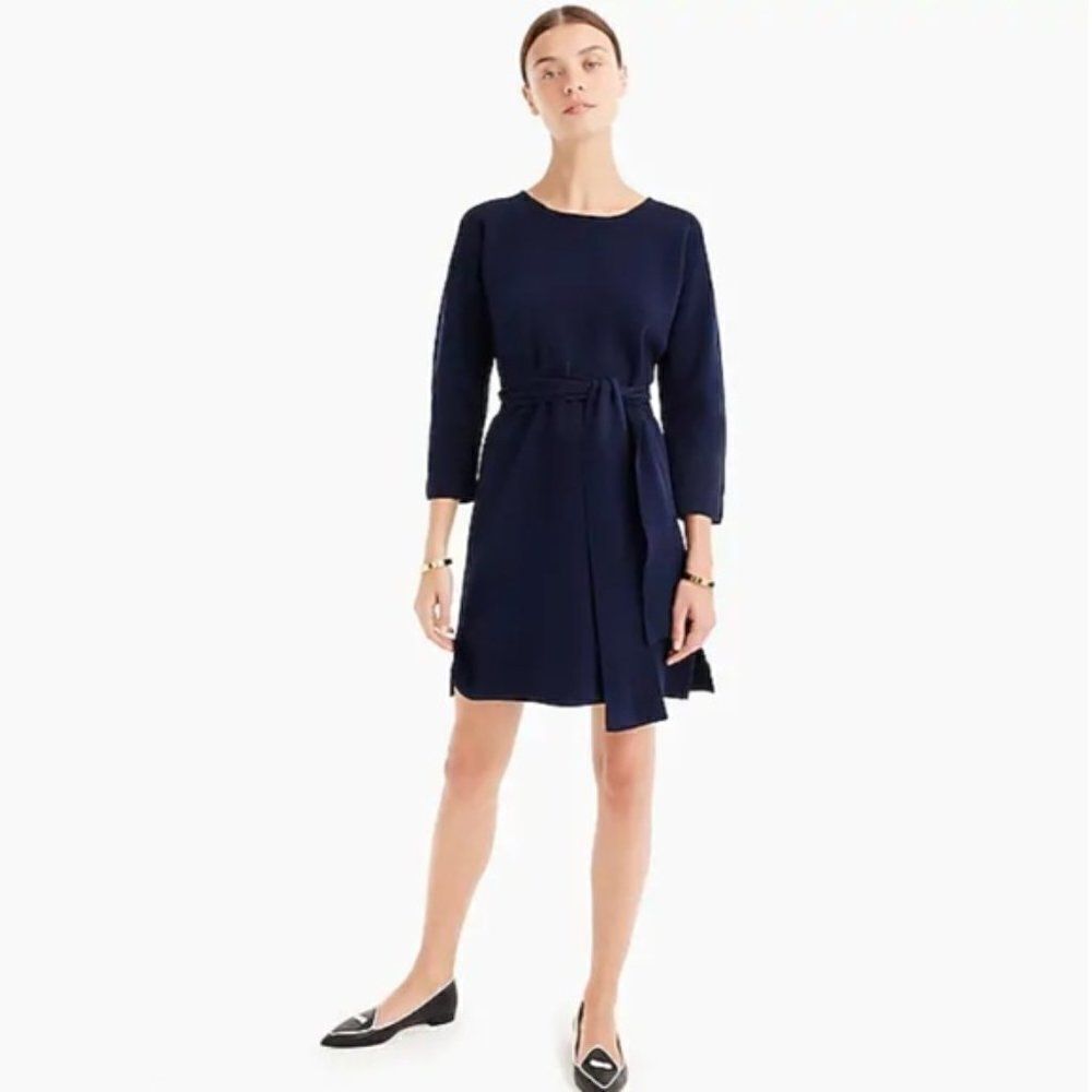 J.Crew Tie Waist Navy Blue 100% Cotton Quarter Sleeve Dress Size PL H6965